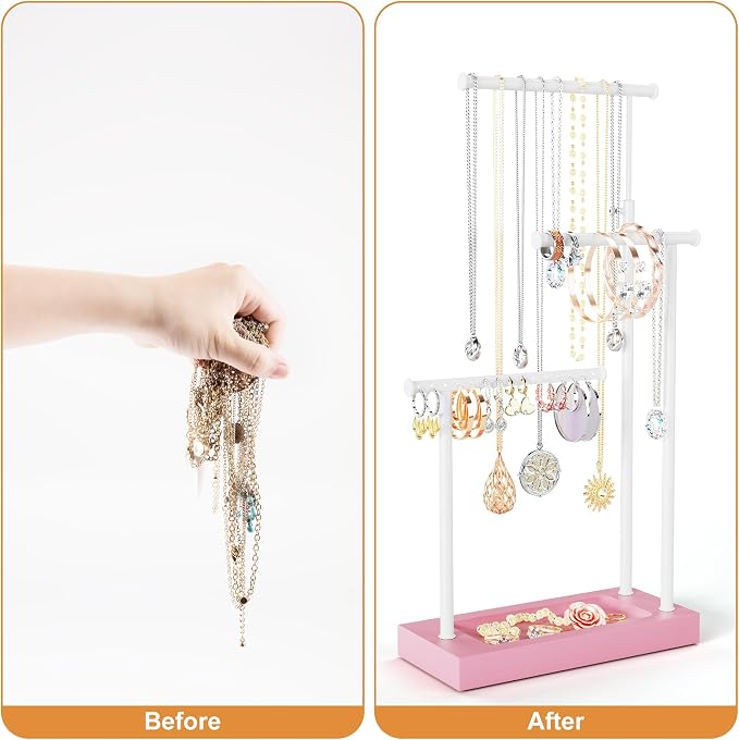 SRIWATANA Pink & White Extra Tall Necklace Holder, Jewelry Display Stand | Sturdy Tall Jewelry Organizer; Chic necklace organizer to Display Long Necklaces, Pendants, Chains Without Tangling