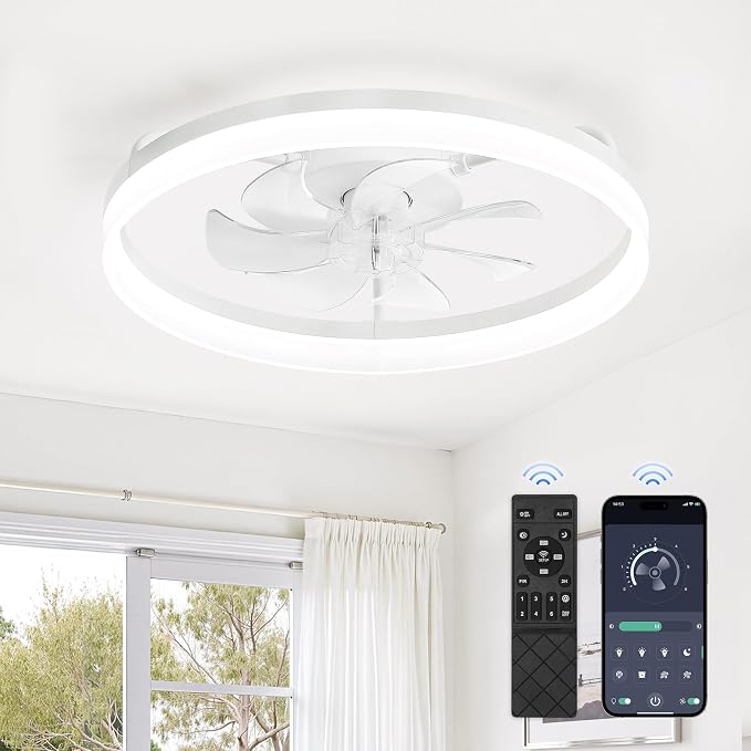 LEDIARY Ceiling Fans with Lights, 20 inch Low Profile Flush Mount Ceiling Fan, Dimmable LED, APP & Remote Control, Quiet Reversible DC Motor, 6 Speeds, Fandelier for Bedroom, White