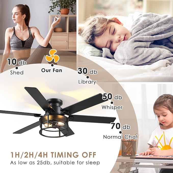 Hounberi 52" Caged Ceiling Fan with Lights and Remote, 6-Speed Quiet DC Motor & E26 Base, 6 Reversible Blades for Black & Wood, Modern Rustic Low Profile Ceiling Fans for Bedroom & Living Room
