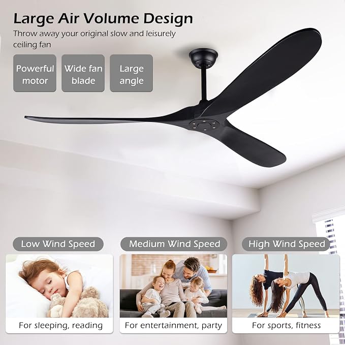 72 Inch Black Ceiling Fan No Light ，Wood Outdoor Ceiling Fans for Patios Living Room Gazebo Mid Century Modern Exterior Extra Large Waterproof Ceiling Fan without Light with Downrod