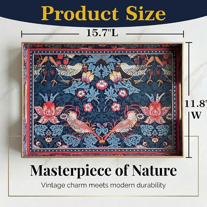 Decorative Tray, Marbling Plastic Tray with Handles, Rectangular Vanity Tray and Serving Tray for Bathroom, Kitchen, Ottoman and Coffee Table (Blue Flower Bird, 15.7 x 11.8 Inch)