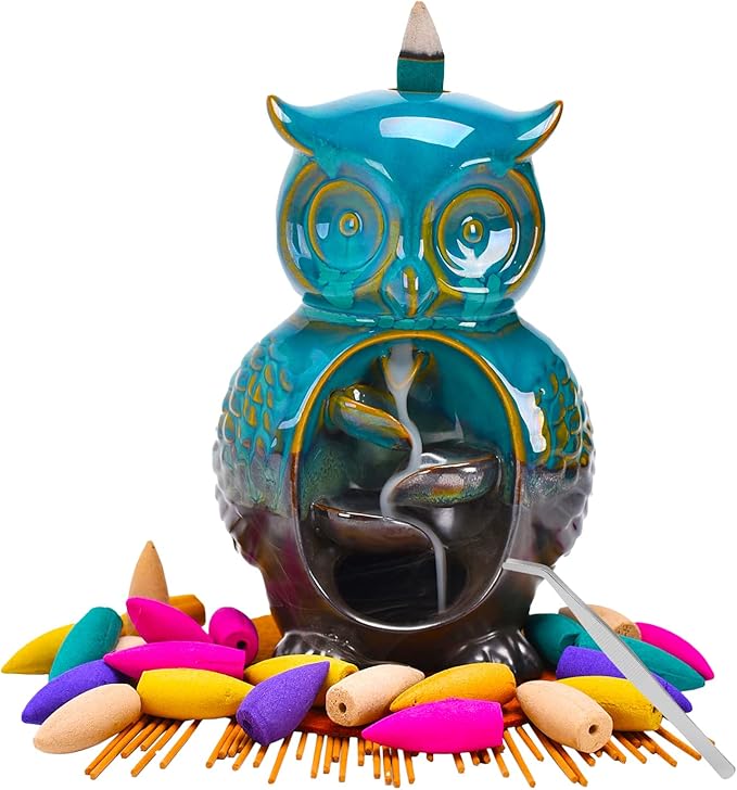 Mountain Waterfall Incense Burner，Backfall Incense Holder River, Incense Falls Meditation Decor for Room with Upgrade Incense Cones and Accessories (OWL)
