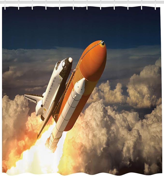 Ambesonne Outer Space Shower Curtain, Space Shuttle in Clouds Scene Historical Liftoff Enterprise Success Picture, Cloth Fabric Bathroom Decor Set with Hooks, 69" W x 84" L, Mustard Grey