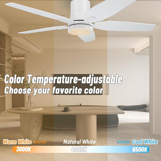 42" Flush Mount Ceiling Fan - 5 Blades Modern Ceiling Fan with Light for Living Room and Bedroom - Quiet DC Motor - Dimmable - Reversible Function - White