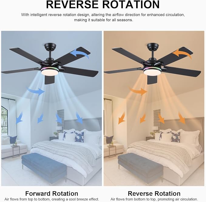 Kviflon 52 Inch Ceiling Fans with Lights, Modern RGB Ceiling Fans, Black Ceiling Fan with Light for Bedroom Living Room, Remote/APP Control, Reversible Quiet DC Motor, Dimmable LED, Wooden Blades
