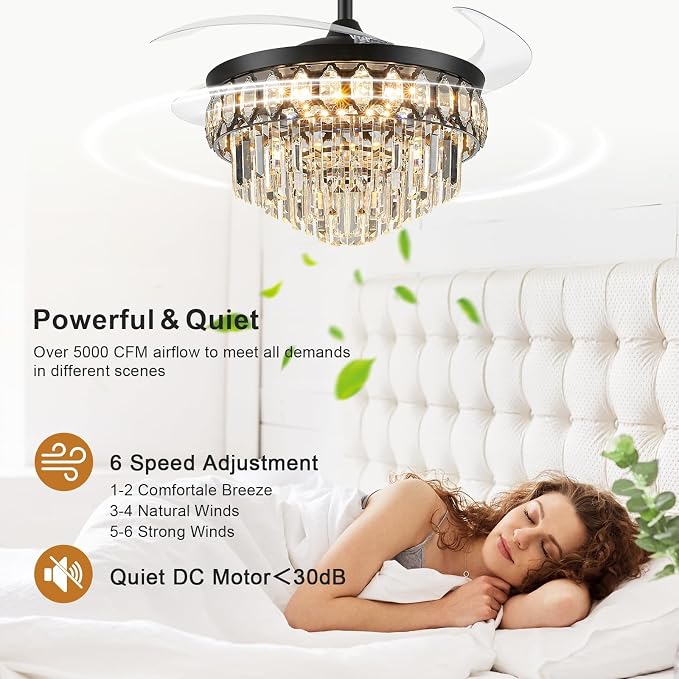 FIDGRA 48 Inch Fandelier Ceiling Fan with Light, Retractable Ceiling Fan with Lights Chandelier Fan for Bedroom, Living Room, 3 Color Temperature, 6 Wind Speed-Black