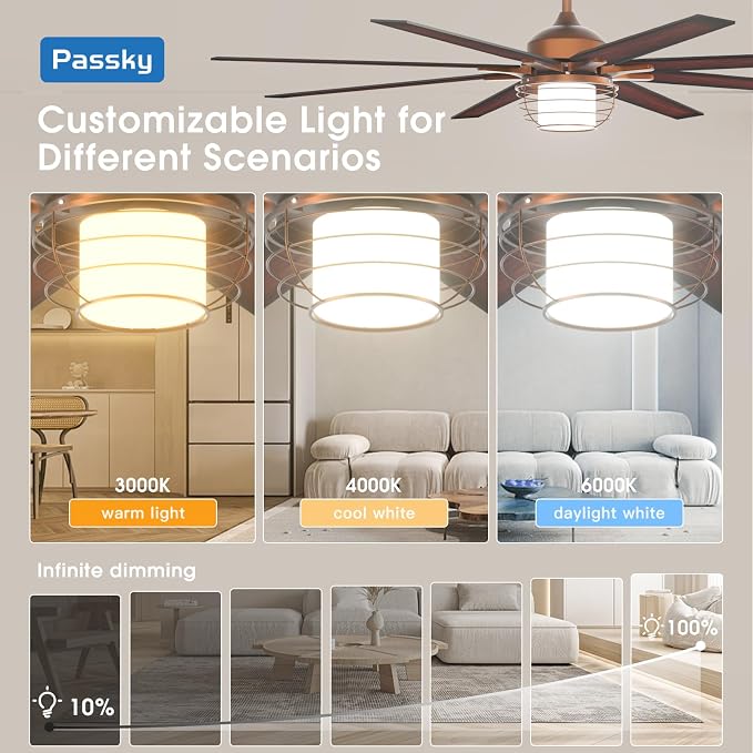 Passky Ceiling Fans with Lights, 72 inch Bronze Ceiling fan with Light and Remote Control, Reversible, Dimmable, 3CCT, Quiet, Caged Ceiling Fan for Farmhouse, Bedroom, Living Room, Indoor/Outdoor Use