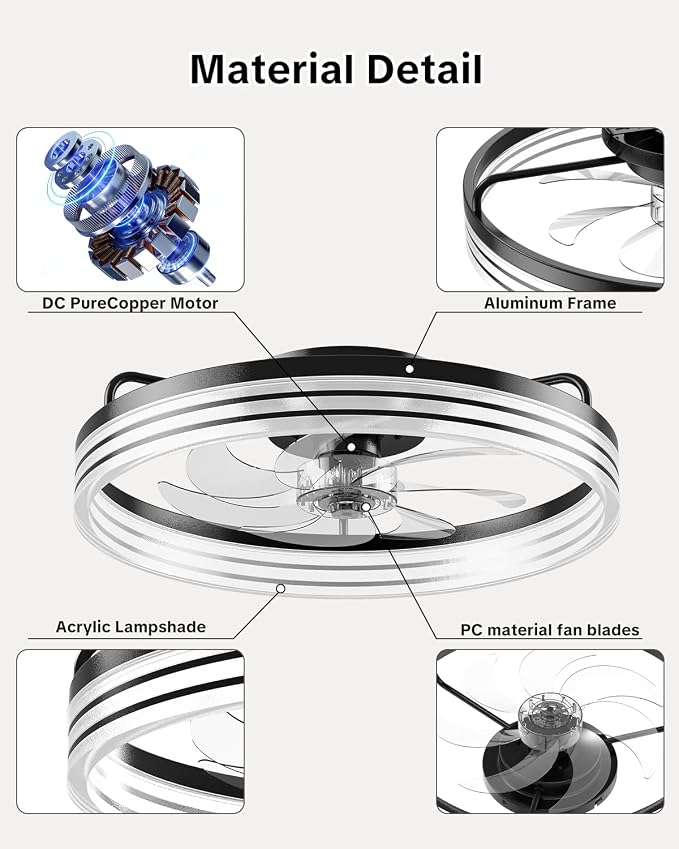AIKVSXER Ceiling Fan with Lights and Remote, 20in Modern Ceiling Fans | 3000K-6500K Smart Ceiling Fans with Lights, Low Profile Flush Mount Ceiling Fan with Light, Quiet Ceiling Fan for Bedroom