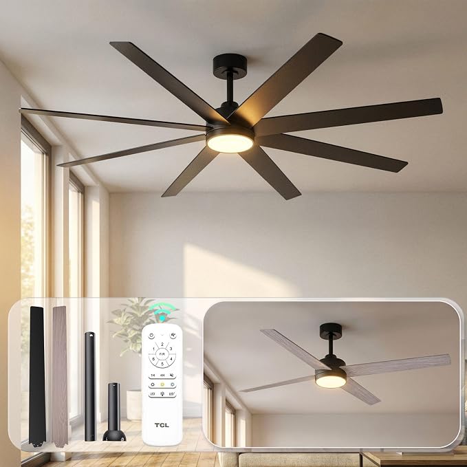 TCL 72 Inch Large Ceiling Fans with Lights and Remote, Quiet Modern Ceiling Fan, 3 CCT Dimmable Remember LED Reversible 8 Dual Side Blades for Living Room Patio Garage (black, 72)