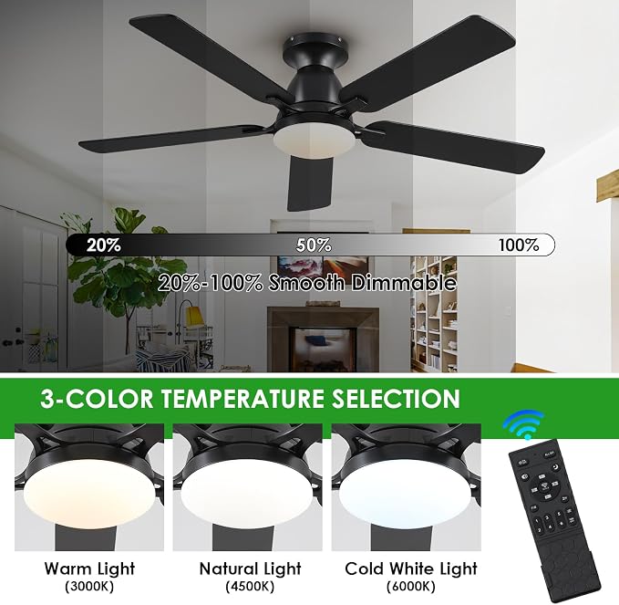 Mpayel 52 Inch Ceiling Fans with Lights and Remote, Black Ceiling Fan with Light Flush Mount, Low Noise, Reversible, Dimmable, Modern Low Profile Ceiling Fan with Light for Bedroom Indoor Outdoor