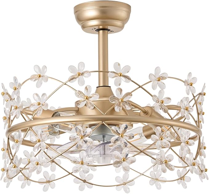 20" Gold Fandelier Ceiling Fans with Lights, Flower Chandelier Ceiling Fan | 6 Speeds, Reversible Motor, Timer, Remote,Vintage Gold Flower Caged, Quiet Fandelier For Girl's Bedroom, Nursery, Living Room
