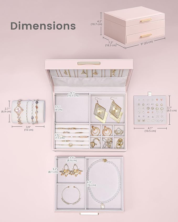 Lolalet 2-Layer Jewelry Box Organizer Holder for Women Girls Mom -Pink | Jewelry Storage Case with Drawers for Necklaces Ring Earrings Bracelet Watch, Gifts Choice for Mom Mother’s Day