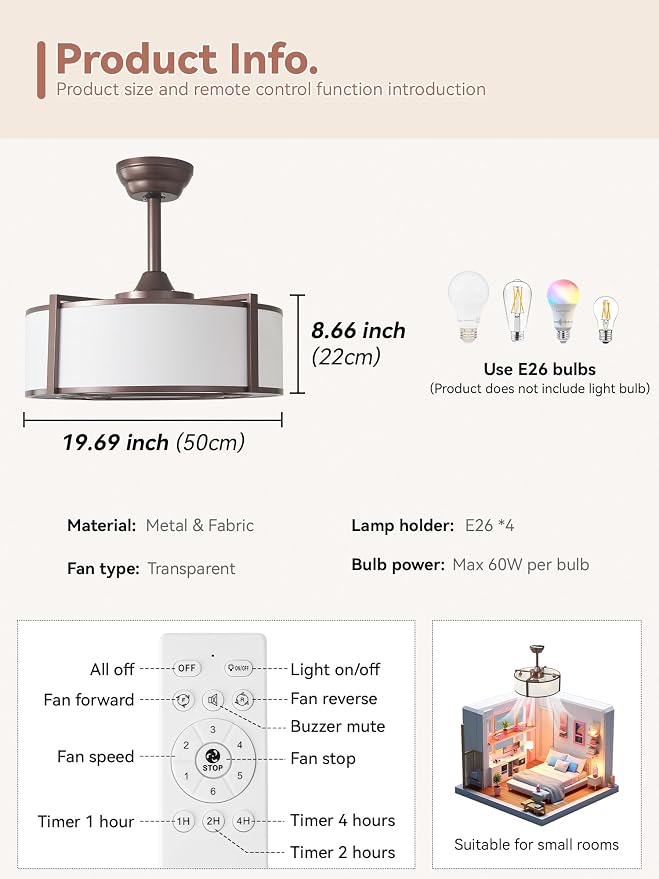 20" Brown Fandelier Ceiling Fans with Lights, Boho Rattan Ceiling Fan with Light Remote Control, Caged Mid-Century Modern with 6 Speeds for Bedroom, Nursery, Living Room