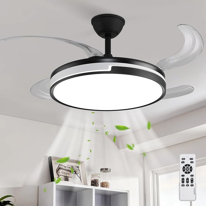 Retractable Ceiling Fans with Lights and Remote, 42'' Black and White Modern Fandelier Ceiling Fans Dimmable LED, Energy Efficient, Memory Function,Timer Setting Fan for Living Room Bedroom