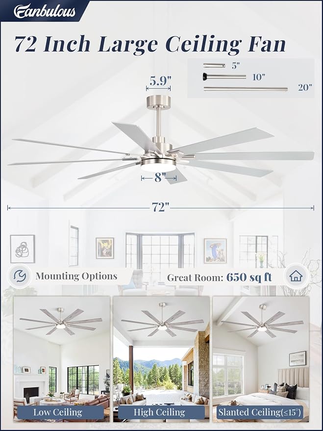 72 Inch Ceiling Fans with Lights and Remote, Dual-Sided Reversible Blades for Versatile Décor, Quiet DC Motor, 120° Wide-Angle Customized Brightness & 3CCT, Damp Rated for Indoor/Outdoor Use