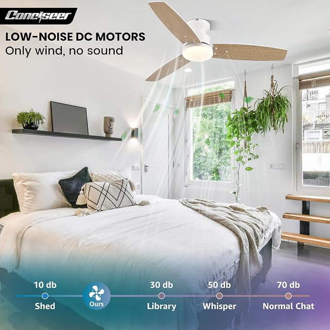 Modern Ceiling Fans with Lights, 42 Inch Ceiling Fan with Light and Remote, Bedroom Living Room Office Outdoor, Flush Mount,18W 6CCT 3 Blades 6 Speed Reversible Quiet DC Motor, White/Wood Grain