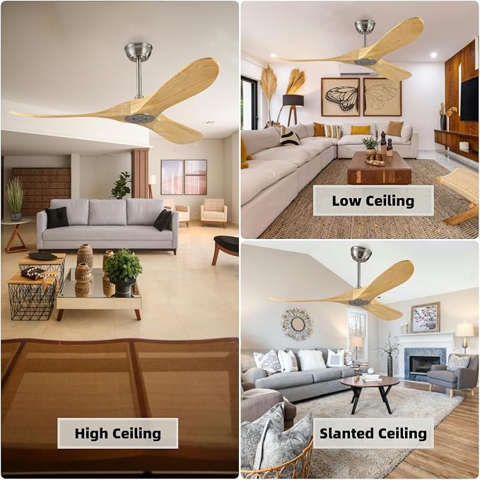 60 Inch Wood Ceiling Fan Without Light, Energy Saving DC Reversible Motor Ceiling Fan, Quiet and Strong Wind, Suitable for Living room, Dining room, Bedroom, Terrace(Brushed Nickel Wood)