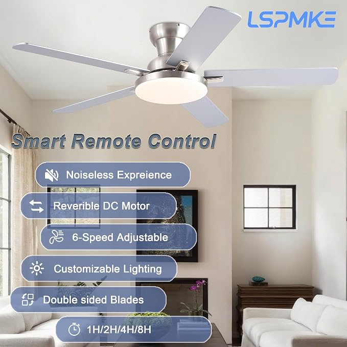 Ceiling Fans with Lights, 52 inch Flush Mount Ceiling fan with Remote Control, Low Profile Ceiling Fan for Bedroom, Farmhouse, Reversible, 3CCT, Dimmable, Noiseless DC Motor, Nickel