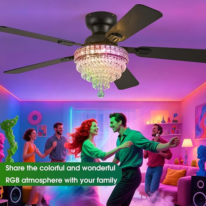 52“ Crystal Ceiling Fans with RGB Lights, Remote/App Control, Modern Fandelier Flush Mount, Reversible DC Motor, Dimmable, Noiseless Ceiling Fan for Bedroom, Living Room (Black)