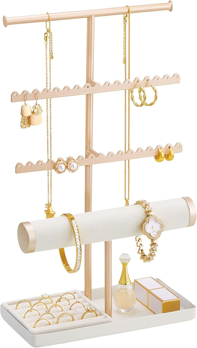 Lolalet Jewelry Organizer Stand, Necklace Bracelet Holder -Champagne Gold | Space-Saving Jewelry Display Storage Rack on Vanity Dresser for organizing Earrings Bangels Rings