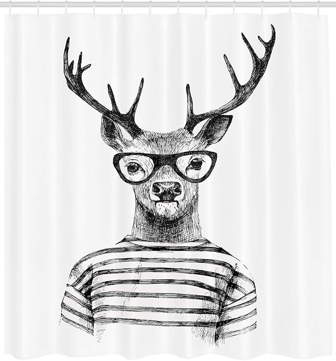 Ambesonne Deer Shower Curtain, Monochrome Sketch Dressed Reindeer Headed Human Hipster Style Glasses Stripped Shirt Portrait, Cloth Fabric Bathroom Decor Set with Hooks, 69" W x 75" L, Charcoal Grey