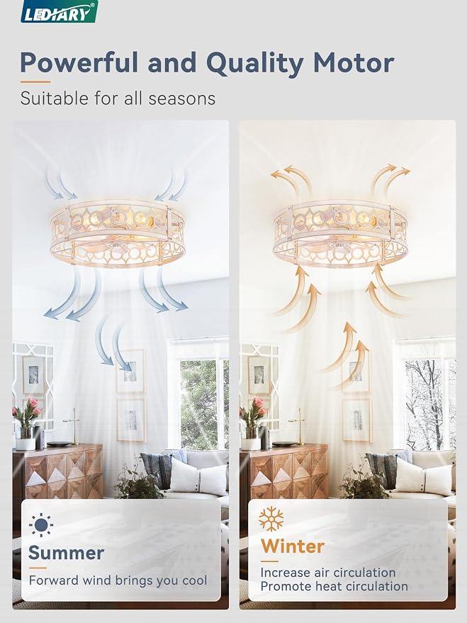 LEDIARY Caged Ceiling Fan with Light and Remote, 20in Small Low Profile Ceiling Fans with Lights, 6 Speed Farmhouse Flush Mount Ceiling Fan for Bedroom, Kitchen, Living Room-White and Gold
