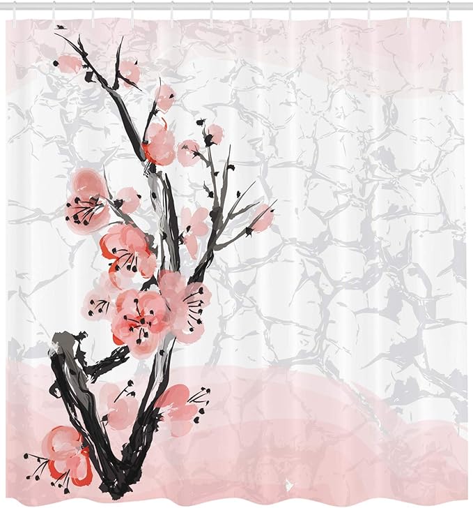 Ambesonne Floral Shower Curtain, Japanese Cherry Blossom Sakura Tree Branch Soft Pastel Watercolor Print, Cloth Fabric Bathroom Decor Set with Hooks, 69" W x 70" L, Pink Coral