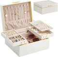 Lolalet Jewelry Box Organizer for Women Girls, 2 Layer Jewelry Organizers and Storage for Necklace Earrings Rings Bracelets, Large Jewellery Holder Case Birthday Gifts -Cream