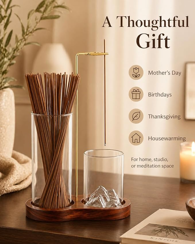 2-in-1 Walnut Wood Glass Incense Holder for Sticks, Anti-Ash Flying Incense Burner with Glass Ash Catcher & Incense Storage, Incense Stick Holder for Meditation, Yoga, Spa, and Home Decor