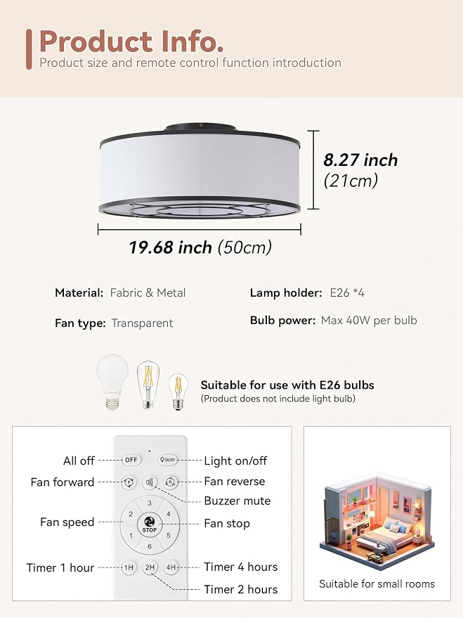 Low Profile Ceiling Fans with Lights, 20" Black Boho Ceiling Fan with Light Flush Mount and Remote Control, Drum Caged with 6 Speeds for Bedroom, Nursery, Living Room