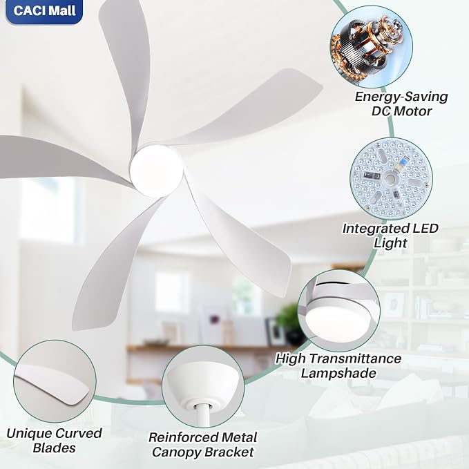 CACI Mall 52 inch White Ceiling Fans with Lights, Remote Control, Low Profile, Modern, Outdoor Ceiling Fan with with 5 Blades, Quiet Reversible DC Motor for Living Room, Bedroom, Patios