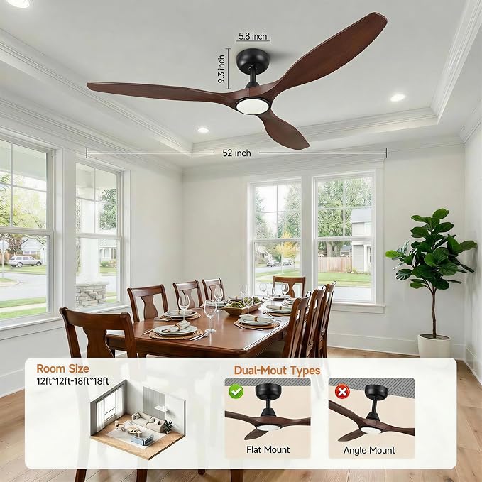 Skylike 52" Wood Outdoor Ceiling Fan with Lights, Propeller Farmhouse Ceiling Fan and Remote Control, 3 Blade Dark Walnut Ceiling Fan for Patio,Porch, Gazebo, Bedroom