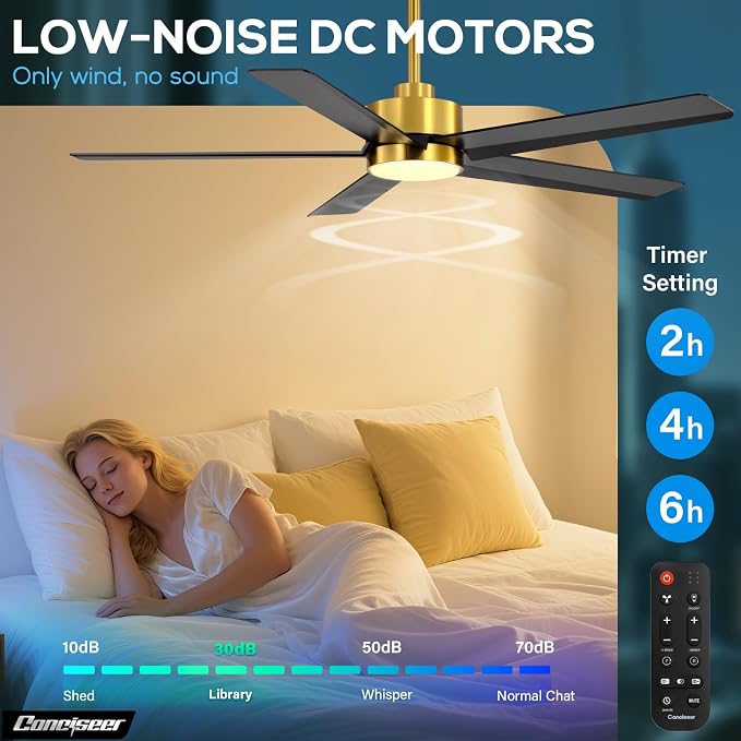 Conciseer 52 Inch Ceiling Fans with Lights and Remote for Bedroom Living Room Kitchen Office, Indoor/Outdoor Use, 3CCT Dimmable, 5 Blades 6 Speed Reversible Quiet DC Motor, Gold/Black