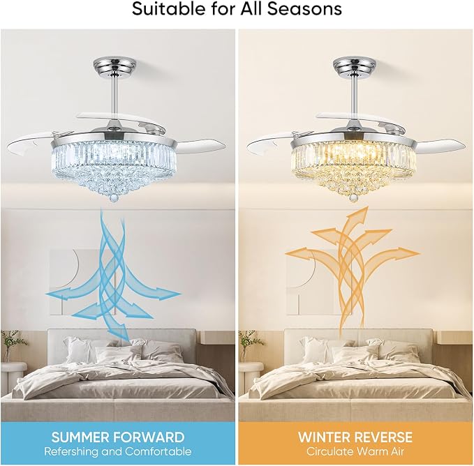 52 Inch Fandelier Ceiling Fan with Light, Chandelier Ceiling Fan for Bedroom Living Room, 3 Color Temperature, 6 Wind Speed. Reversible Motor, Memory Function-Chrome