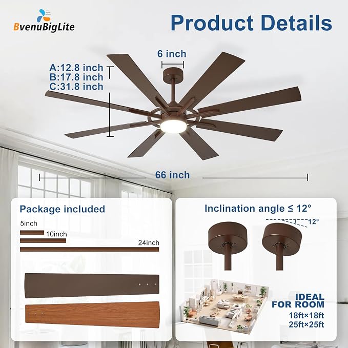 Large Ceiling Fans with Lights: Modern 66 Inch 8 Blade Outdoor Ceiling Fan with Remote APP Control - Dimmable Big Fan light Indoor Reversible 6 Speed Quiet DC Motor