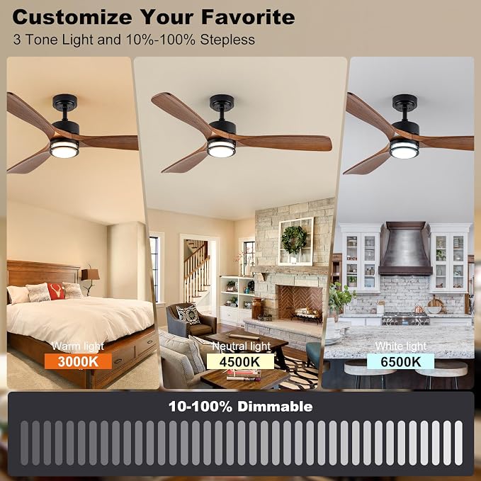 52” Outdoor Ceiling Fan with Light, 3 Walnut Solid Wood Blade, Remote Control, 3CCT Dimmable LED, Timer, 6-Speed Reversible Motor All-Weather Use for Living Room or Patio