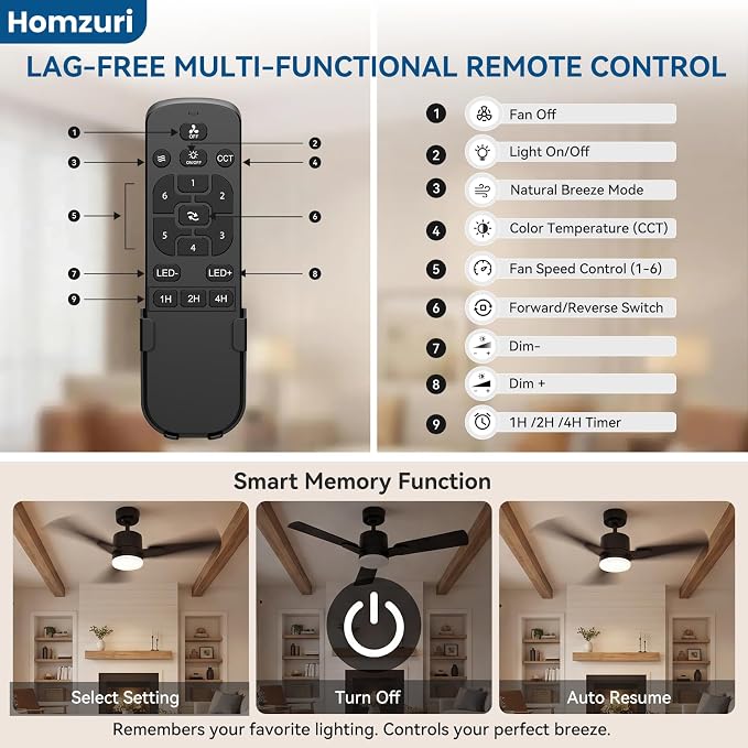 42" Ceiling Fan with Light and Remote, 6 Speed, Reversible Quiet DC Motor, 3CCT & Dimmable, Fast Install, Dual Finish 3 Blades Downrod Ceiling Fan with Lights for Bedroom, Living Room, Apartment