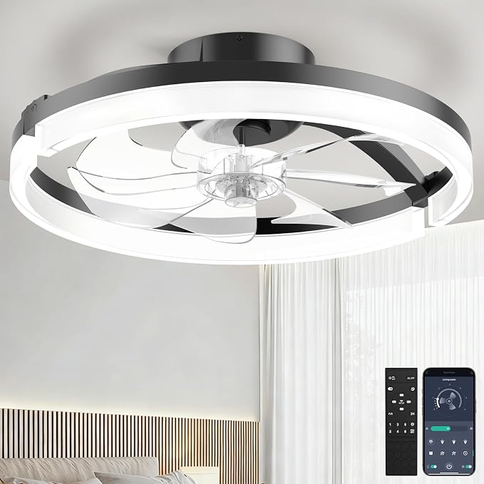 Ceiling Fans with Lights and Remote, Low Profile Ceiling Fan, Morden Flush Mount LED Fan Light, 3000K-6500K Dimmable for Bedroom, Kitchen, Living Room, Frosted, Black