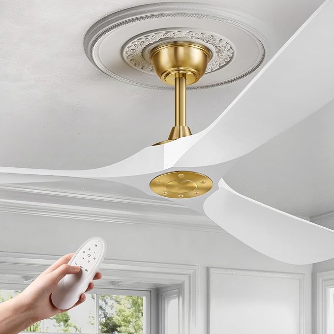 Haipeel 52 Inch Ceiling Fans Without Lights, Wood Ceiling Fan no Light with Remote Control and DC Motor, Indoor Outdoor Ceiling Fan Morden Living Room Bedroom 3 Blades Propeller, White Gold