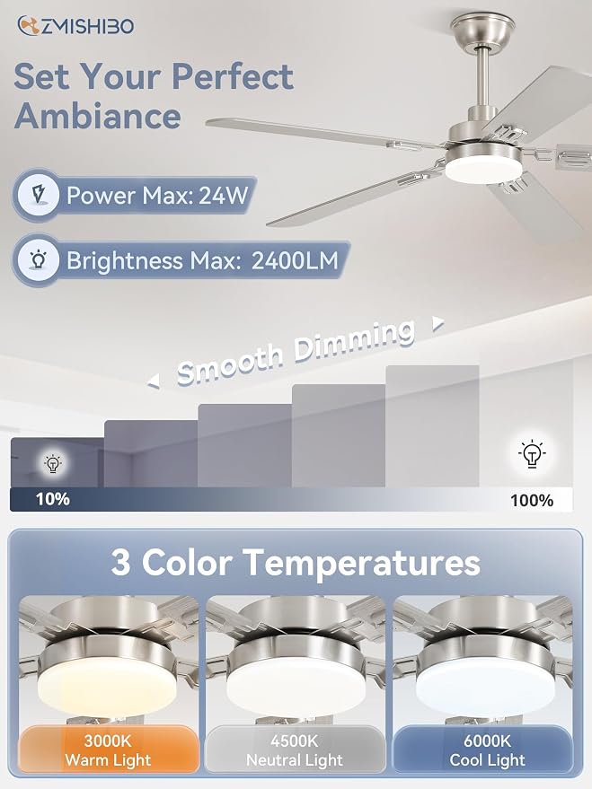 ZMISHIBO 52" Ceiling Fans with Lights, Nickel Modern Ceiling Fan with Remote & App Control, Bedroom Indoor Ceiling Fan with Dual Finish Blades, Quiet & Strong Motor, 24W Dimmable Bright LED Light.