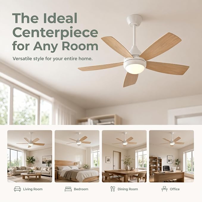 42 inch Ceiling Fan with Lights, 5 Blades, 6 Speeds DC Reversible, Dimmable, Low Profile Ceiling Fan with Light and Remote Control for Bedroom or Living Room