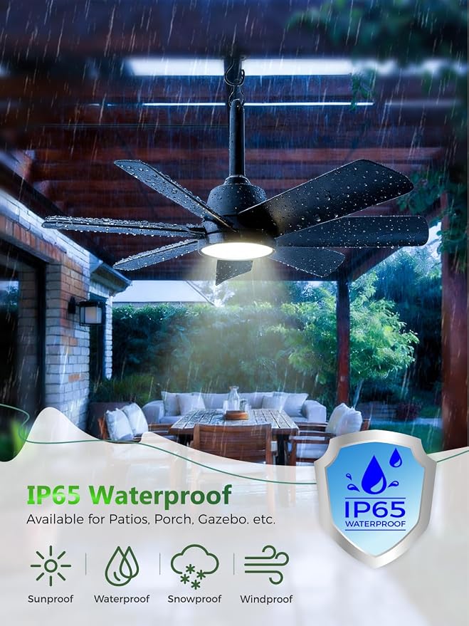 LANMEL Outdoor Gazebo Ceiling Fan with Light and Remote, 28 Inch, Black | Plug-In, IP65 Waterproof, Hanging with Hook, 6 Speed, Reversible, 3CCT, Dimmable, Portable, for Patio,Canopy,Porch,RV, 2 Pack