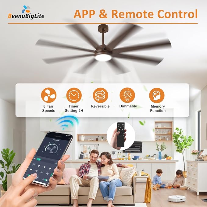 Large Ceiling Fan with Light: 66 Inch Indoor/Outdoor Fan Reversible DC Motor 6 Speed - Dual 8 Blades Big Ceiling Fans with Lights Dimmable 3CCT for Living Room Covered Patio, Brown