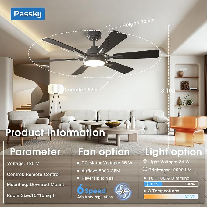Passky Ceiling Fans with Lights, 52 inch Ceiling Fan with Light and Remote Control, Reversible, Dimmable, 3CCT, Quiet, Black Modern Ceiling Fan for Bedroom, Living Room