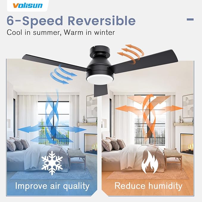 VOLISUN Ceiling Fans with Lights Flush Mount, 42 inch Low Profile Ceiling Fan with Light and Remote, Queit & Reversible Motor,3CCT, Dimmable, Black Modern Ceilings Fans for Bedroom, Living Room