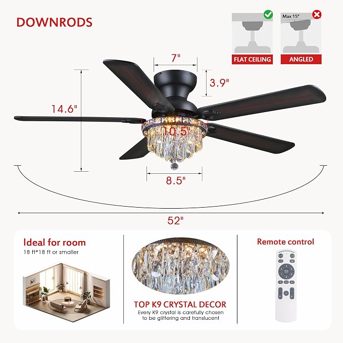 GJeg Crystal Ceiling Fan Fandelier with Lights-Ceiling Fans with Remote Control,Modern Ceiling Fan with Noiseless DC Reversible Motor,Dining Room,Living Room(52" Black)
