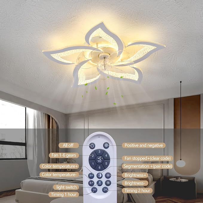 27" White Geometric Ceiling Fan with Light Remote Control, 3 Light Color 6 Speeds Flush Mount Low Profile Ceiling Fan with Light for Bedroom Kitchen