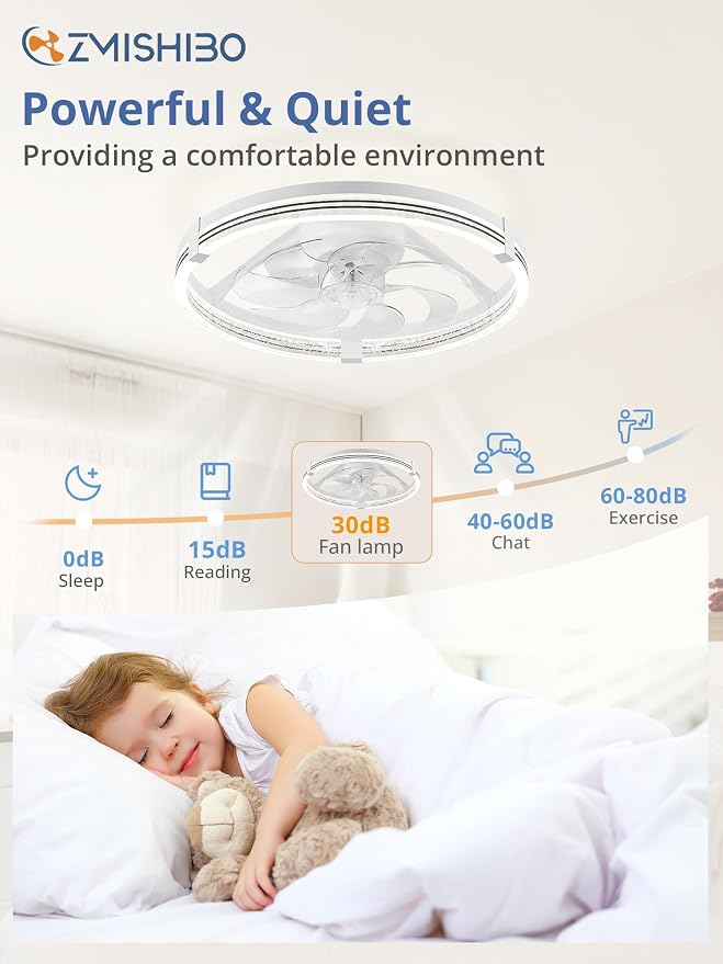 ZMISHIBO Ceiling Fan with Light and remote, 20'' Low Profile Ceiling Fans | Flush Mount Modern Ceiling Fan and Remote Control, 3000K-7000K Dimmable, Modern Fandelier for Bedroom, Living Room