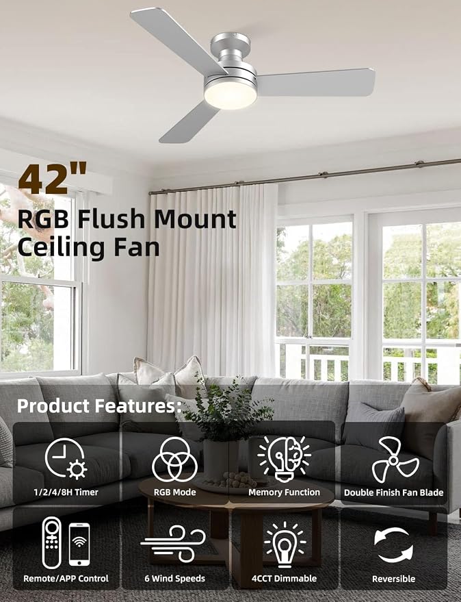 42 inch RGB Ceiling Fan with Light, Smart App & Remote Control Low Profile Flush Mount, Music Sync Lighting, 6-Speed Quiet Reversible DC Motor, 4CCT Dimmable for Home Office Party, Silver