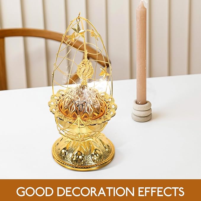 Zerodeko Arabic Incense Holder, Middle East Ramadan Incense Burner Arab Crescent Tea House Censer Handheld Aroma Furnace for Muslim Islam Festival Decoration Golden